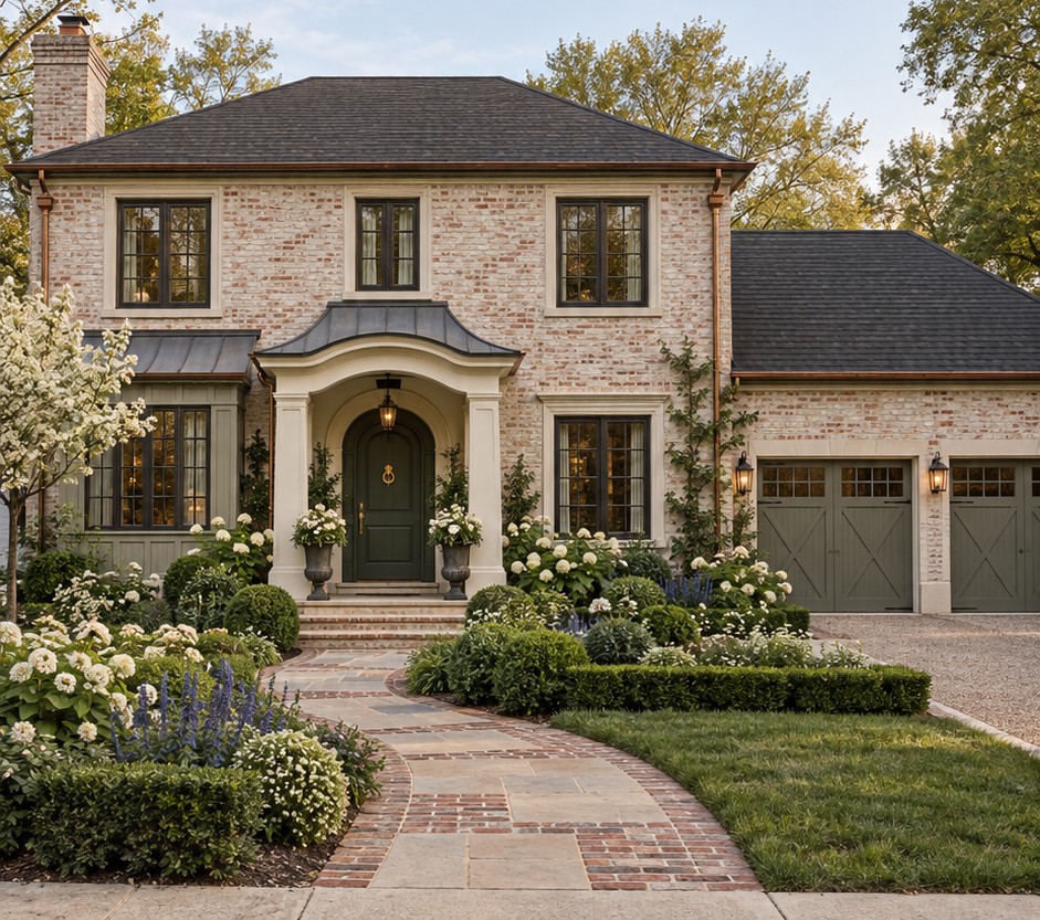 Traditional exterior concept with pale masonry, dark shutters, an arched entry and a brick-edged path