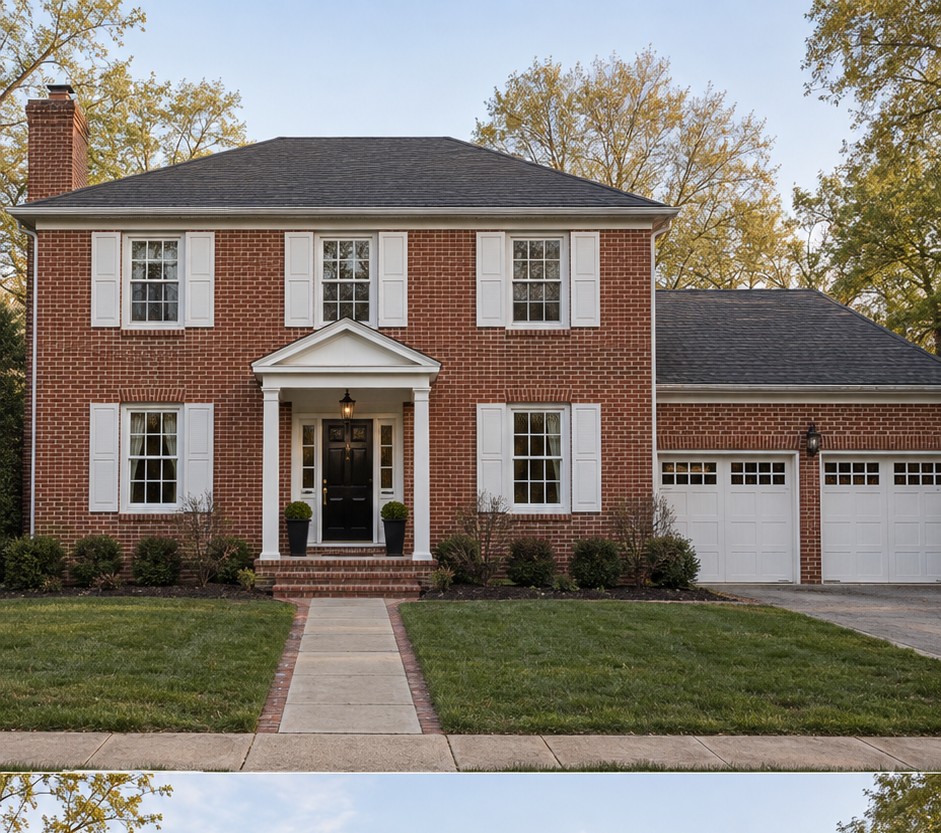 Red-brick traditional house with white trim, black shutters and white garage doors