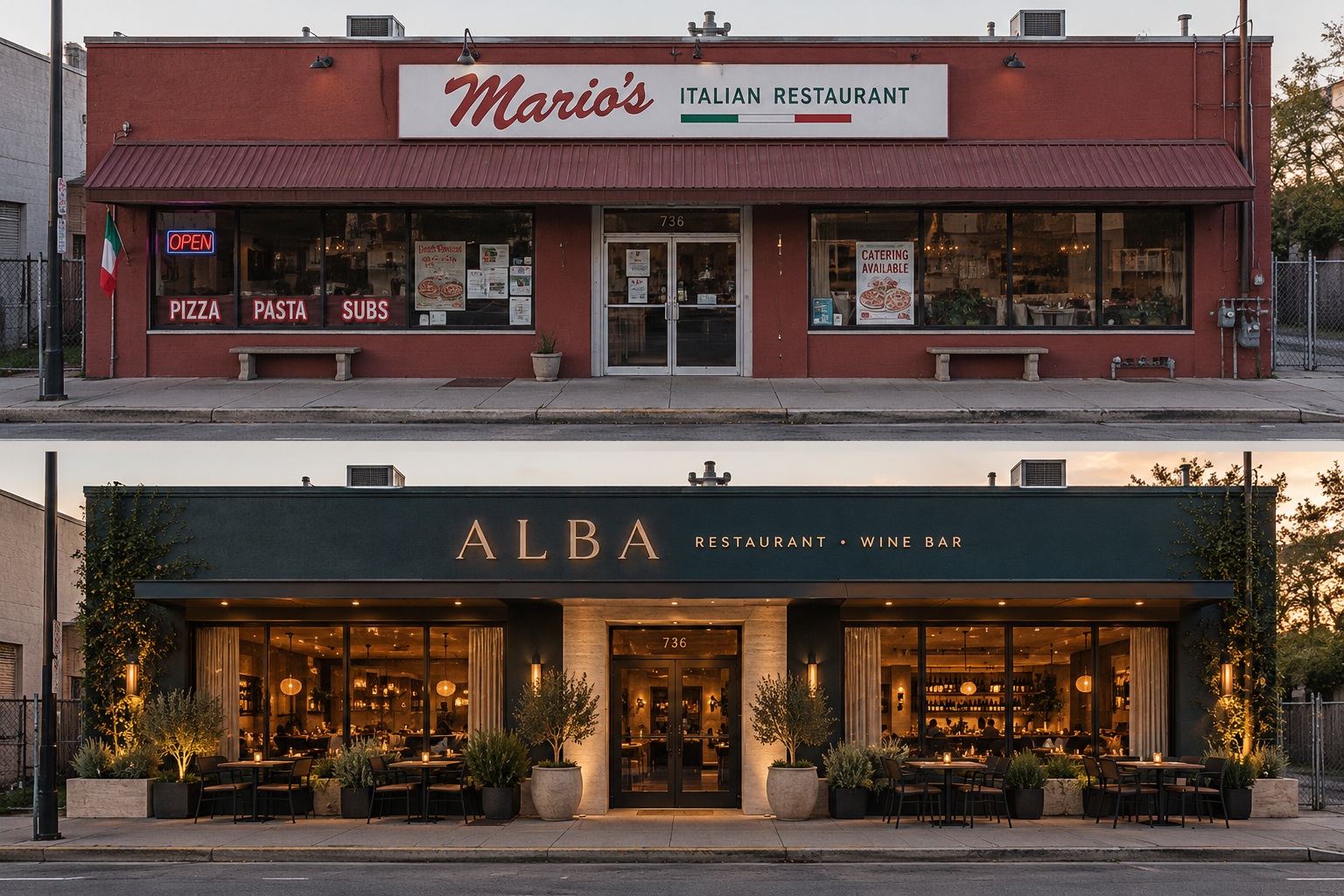 Generated restaurant exterior comparison: dated red Mario’s exterior above and refined blue-green Alba restaurant and wine bar concept below