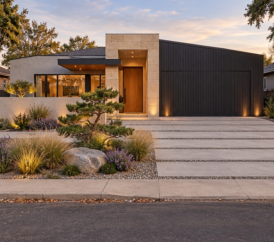 Sculptural entry concept with a pale stone doorway frame, dark vertical cladding and broad pale steps