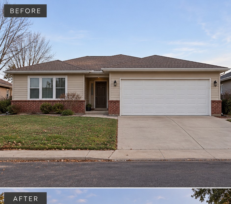 Beige ranch with a red-brick lower exterior and a large white garage door