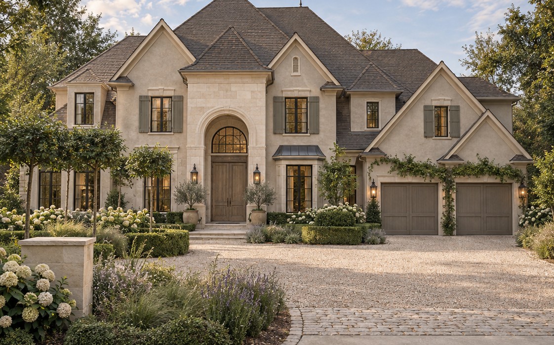 Timeless stone exterior concept with pale masonry, dark window accents and layered foundation planting