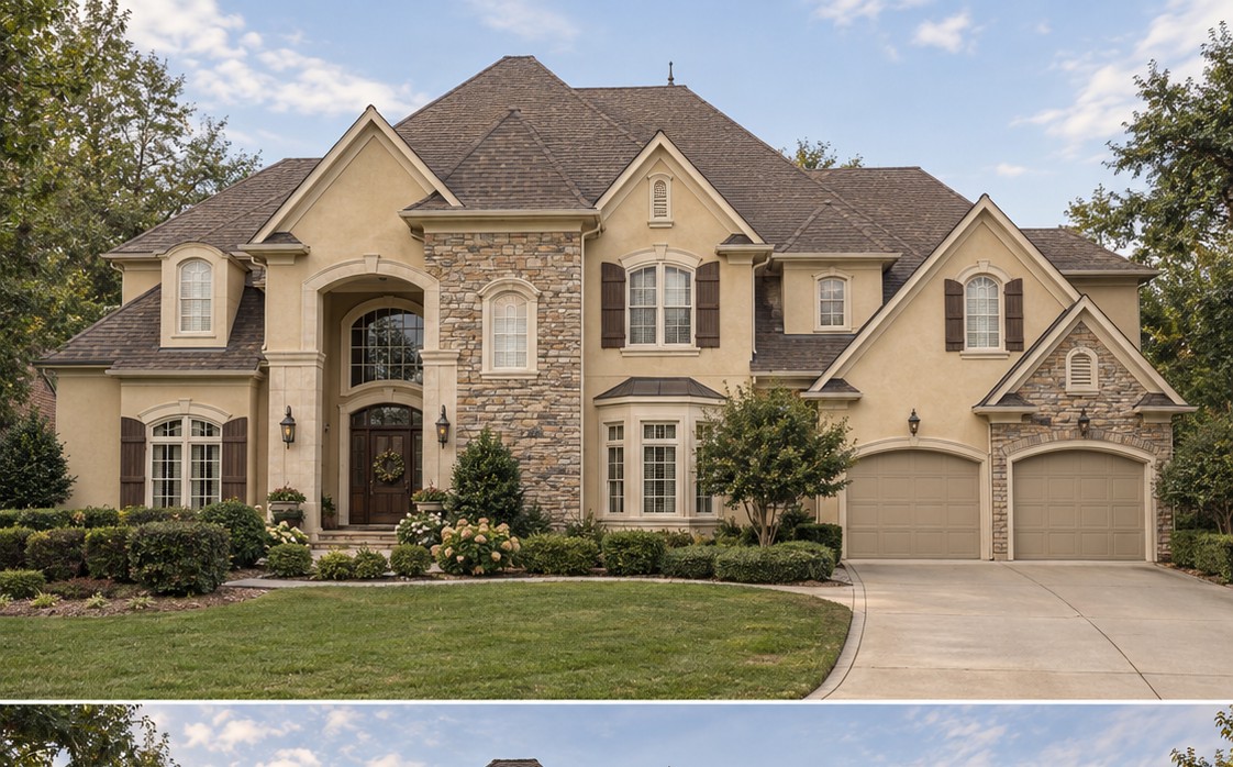 Large beige stone house with multiple gables, white window trim and a curved drive