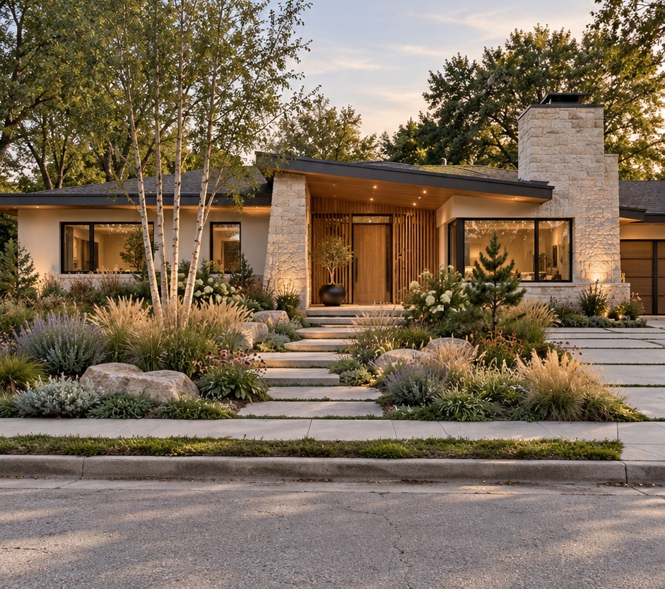 Exterior visualization of a ranch with warm timber, pale stone and a landscaped entrance