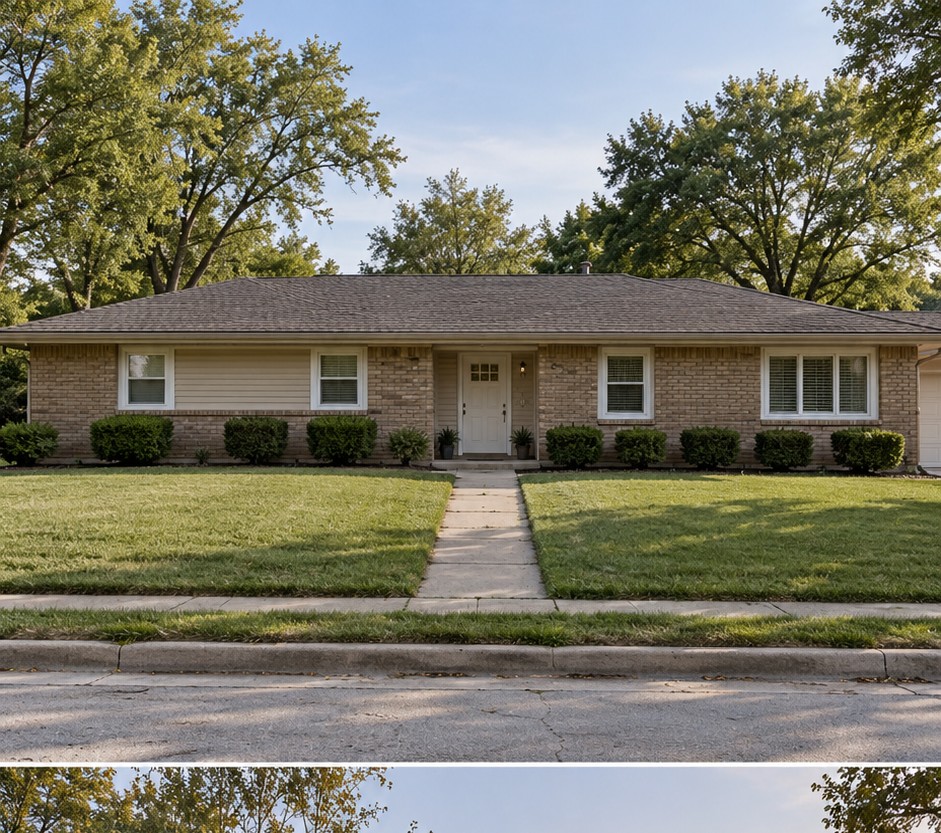 Low ranch house with beige siding, white-framed windows and a sparse front lawn