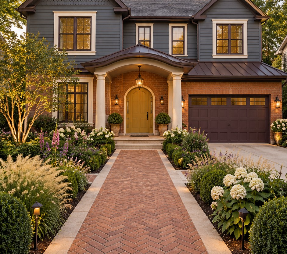 Transitional exterior concept with dark blue-gray siding, a wood front door and a darker garage door