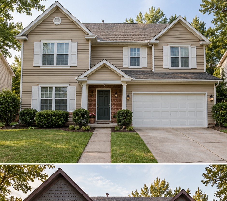Beige two-story suburban house with white trim and a large white garage door