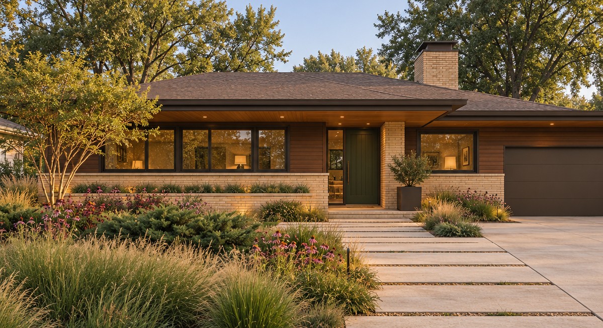 Warm wood ranch concept with timber siding, pale masonry and a planted front path