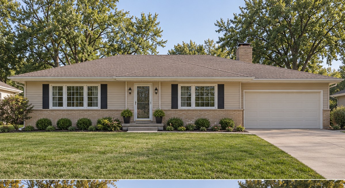 Beige ranch with white-framed windows, a white garage door and low foundation shrubs