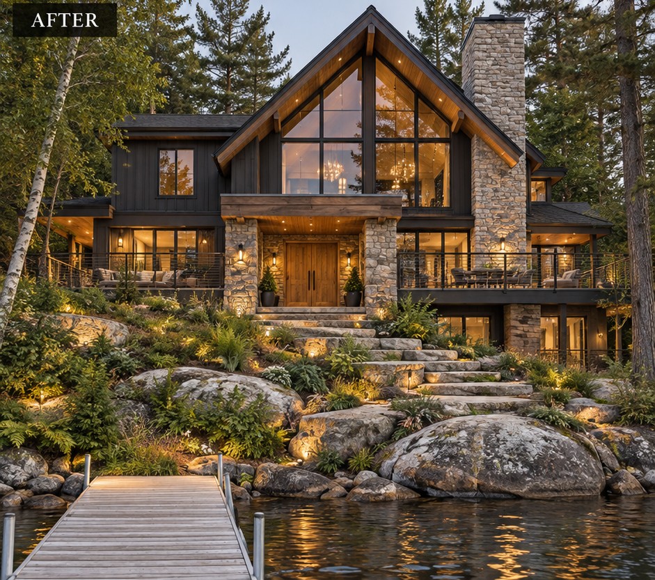 Woodland house with a stone base, timber-framed gable, large windows and steps through a rock garden
