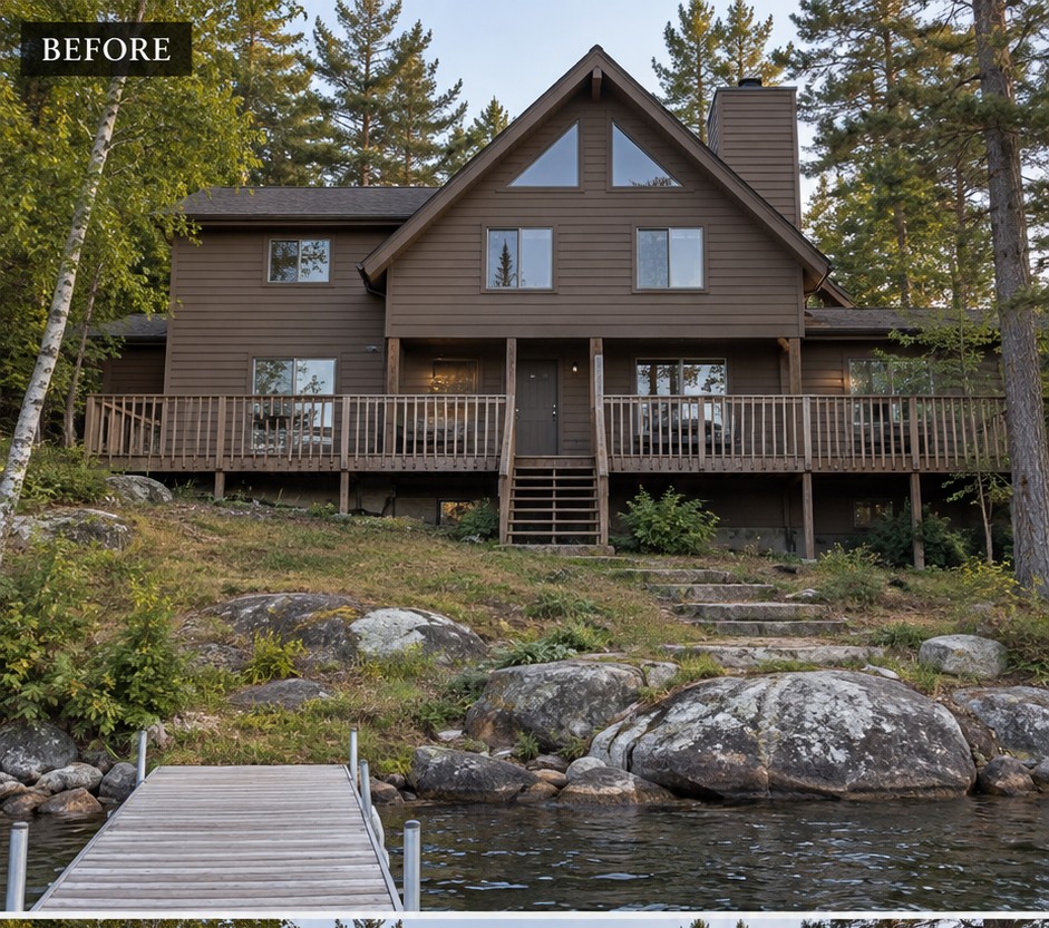 Brown timber house with a gabled roof, raised deck and exposed rock in a wooded setting